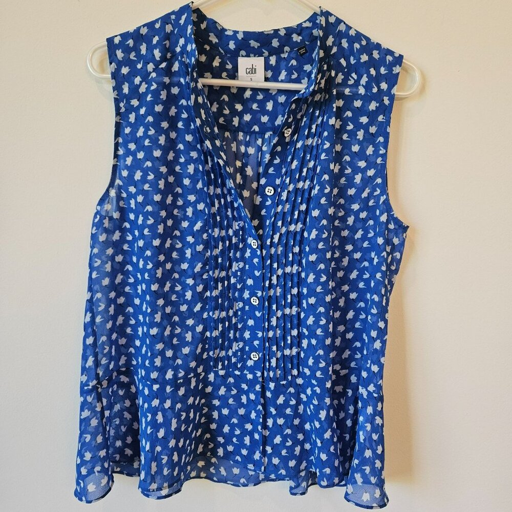 Cabi Sleeveless Blue Floral Button-Up Blouse Womens S Pleated peplum Cottagecore